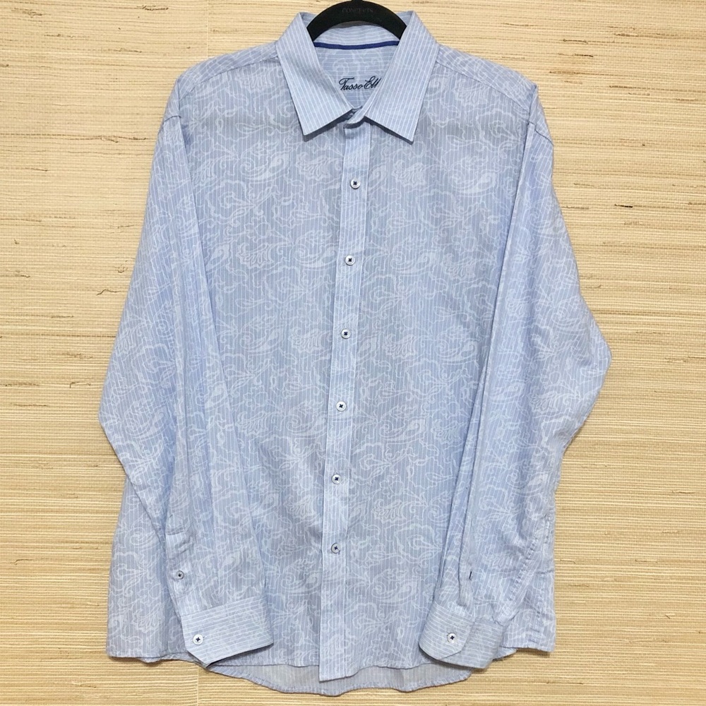 Tasso Elba Light Blue Striped Floral Long Sleeve Collared Button Down Shirt XL